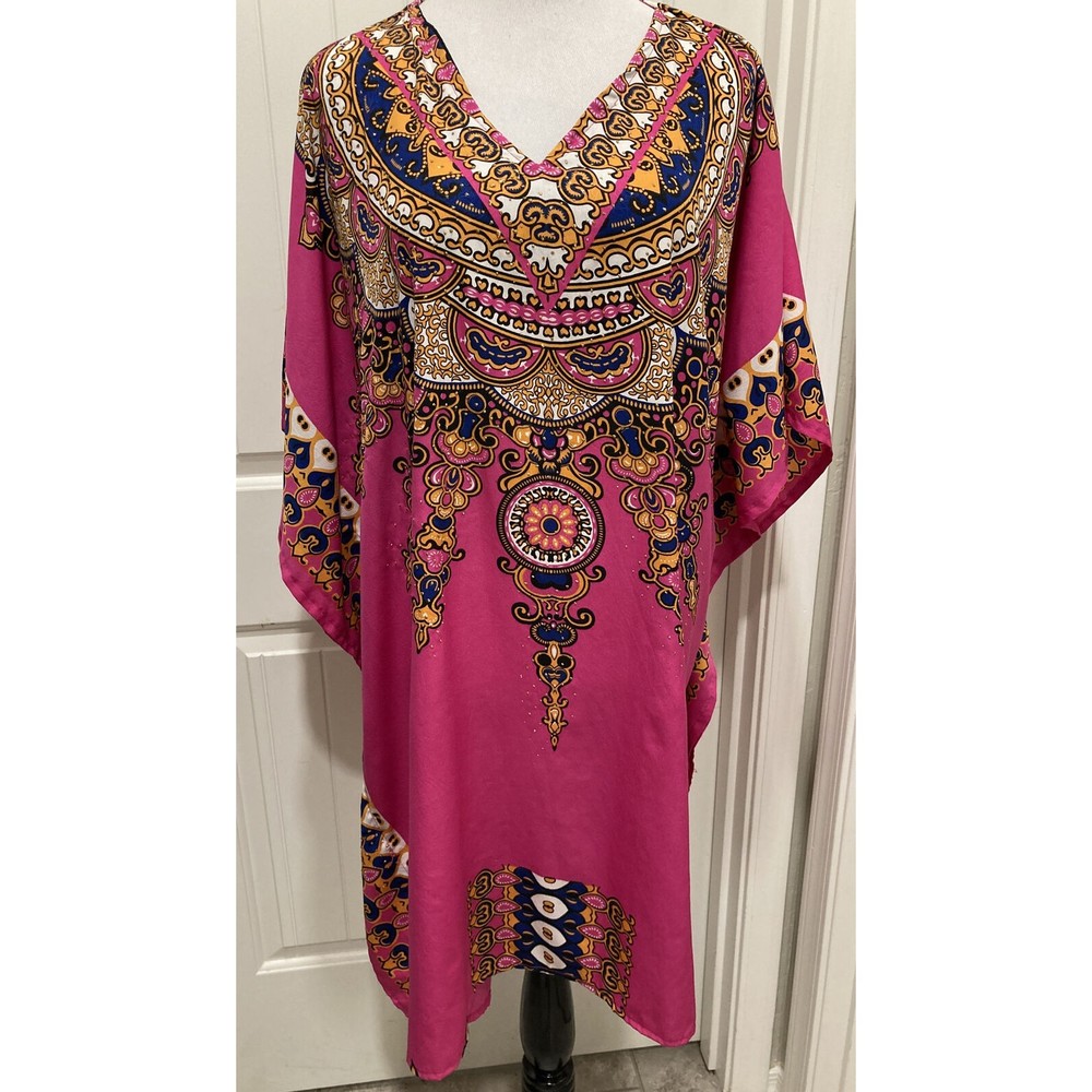 Sante Classics Short Kaftan MuMu Lounging Dress One Size Pink Embellished Tribal